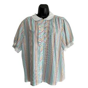 Vintage 80's Multicolor Striped Button Front Blouse with Peter Pan Collar Sz XL